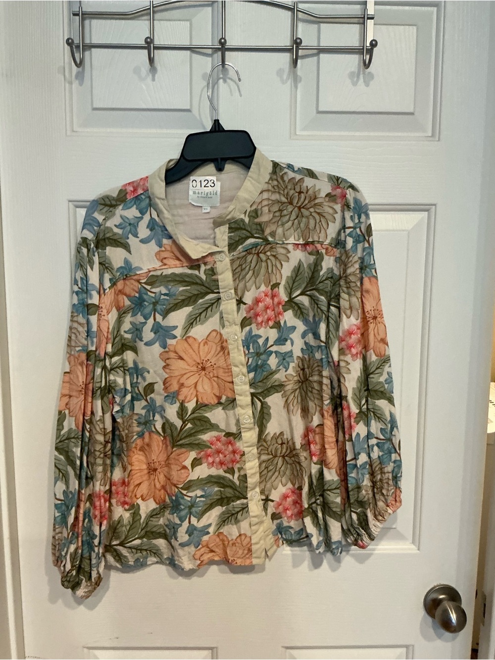 Victoria Dunn Cream Floral Button-Up Blouse with Peach, Blue & Green Print